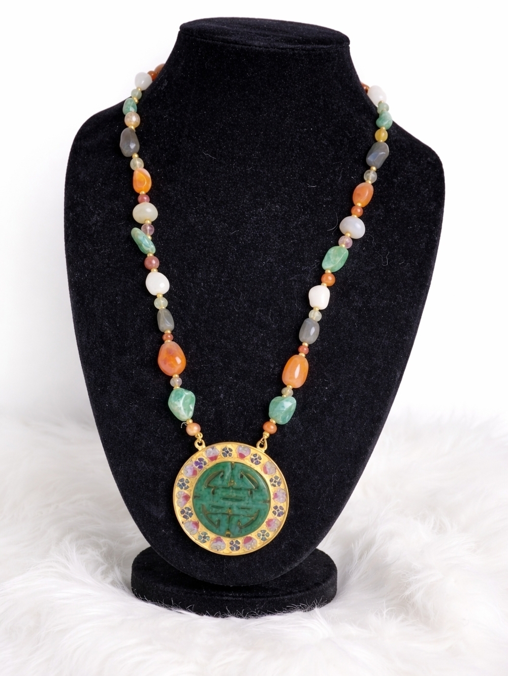 Vintage Asian Cloisonné Pendant Necklace Multicolor Stone Beads Gold Tone Statem